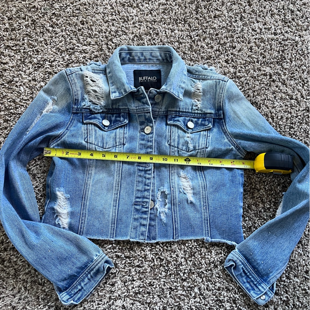 Buffalo David Bitton Distressed Cropped Denim Jacket Rhinestone Blue XS - Picture 6 of 8